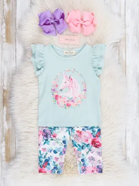 Soft Teal Blooming Unicorn Ruffle Outfit