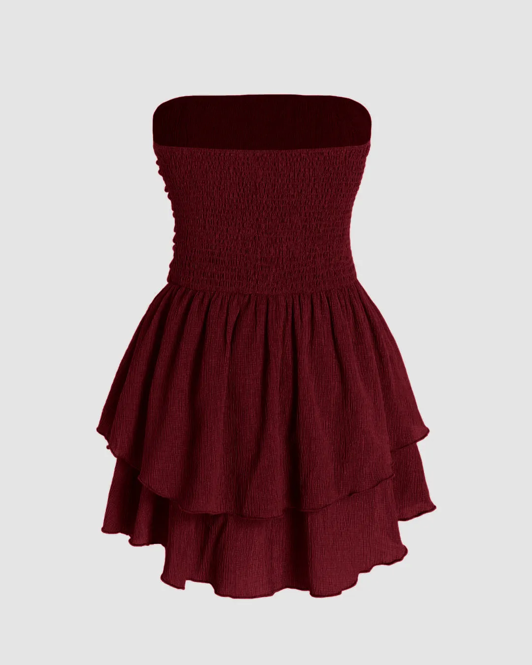 Solid Ruched Bust Ruffle Tube Dress In Maroon