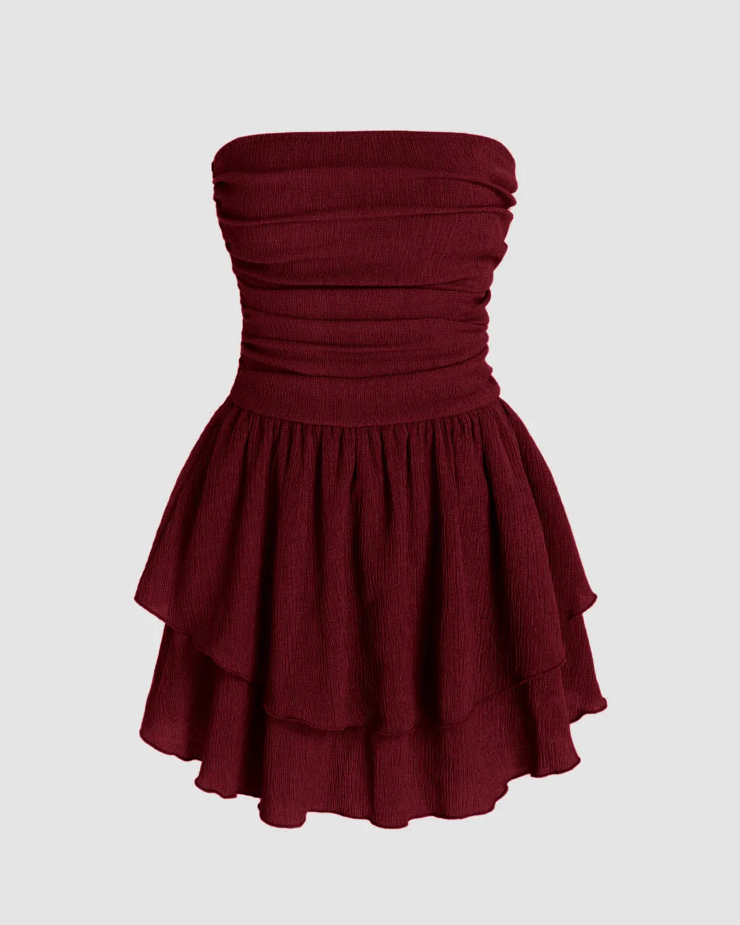 Solid Ruched Bust Ruffle Tube Dress In Maroon