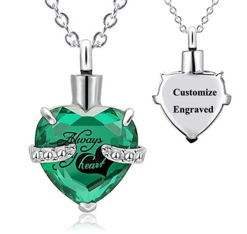 Stainless Steel Personalized Engraved Birthstone Heart-Shaped Month Urn Necklace for Ashes