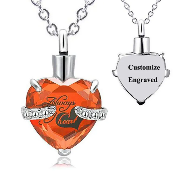 Stainless Steel Personalized Engraved Birthstone Heart-Shaped Month Urn Necklace for Ashes