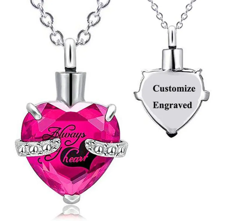 Stainless Steel Personalized Engraved Birthstone Heart-Shaped Month Urn Necklace for Ashes