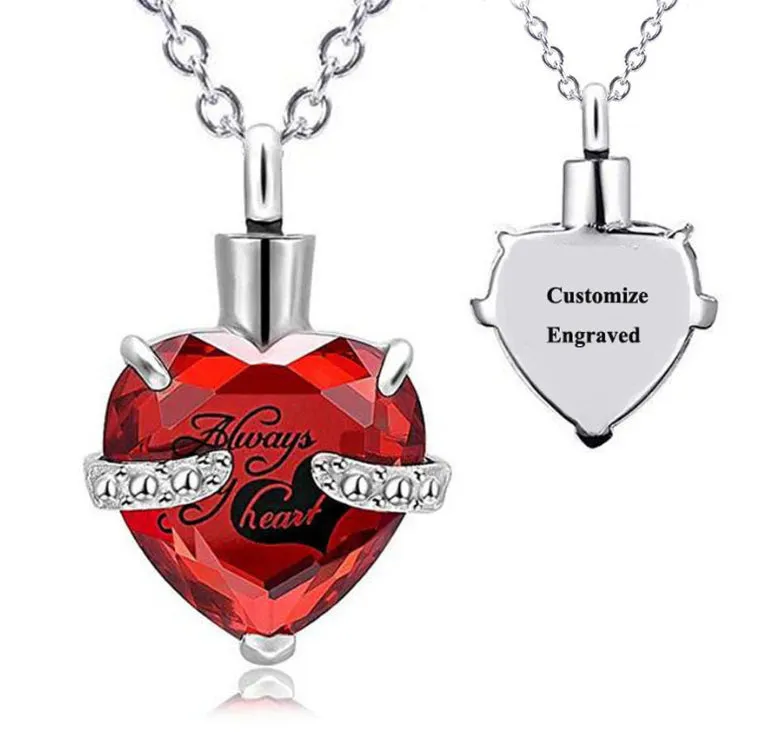 Stainless Steel Personalized Engraved Birthstone Heart-Shaped Month Urn Necklace for Ashes