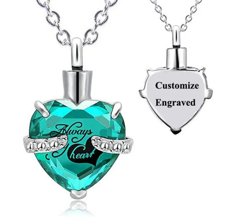 Stainless Steel Personalized Engraved Birthstone Heart-Shaped Month Urn Necklace for Ashes