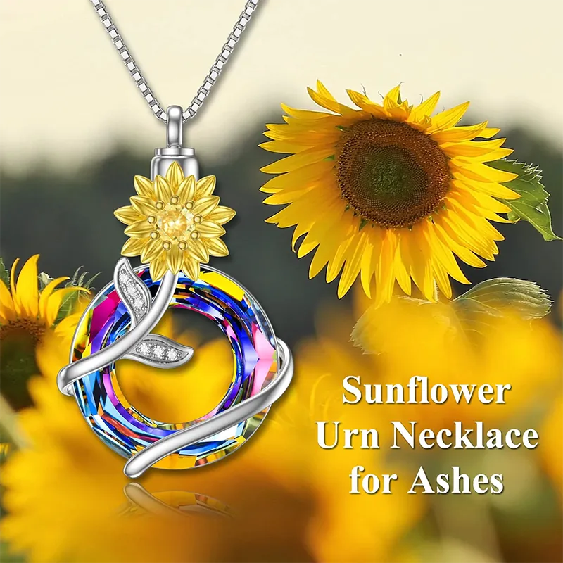 Sterling Silver Crystal Sunflower Urn Necklace for Ashes