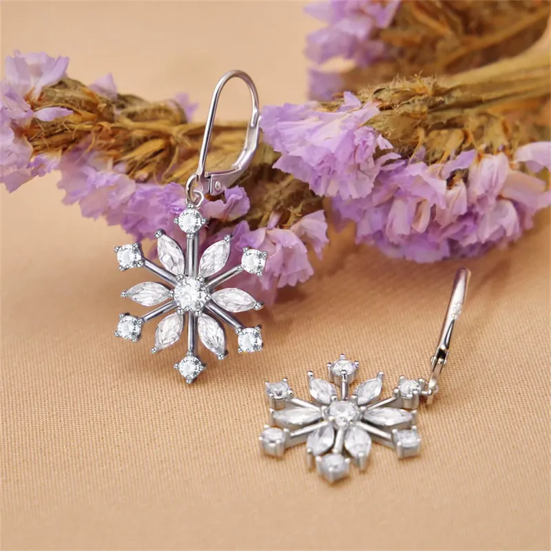 Sterling Silver CZ Snowflake Dangle Earrings