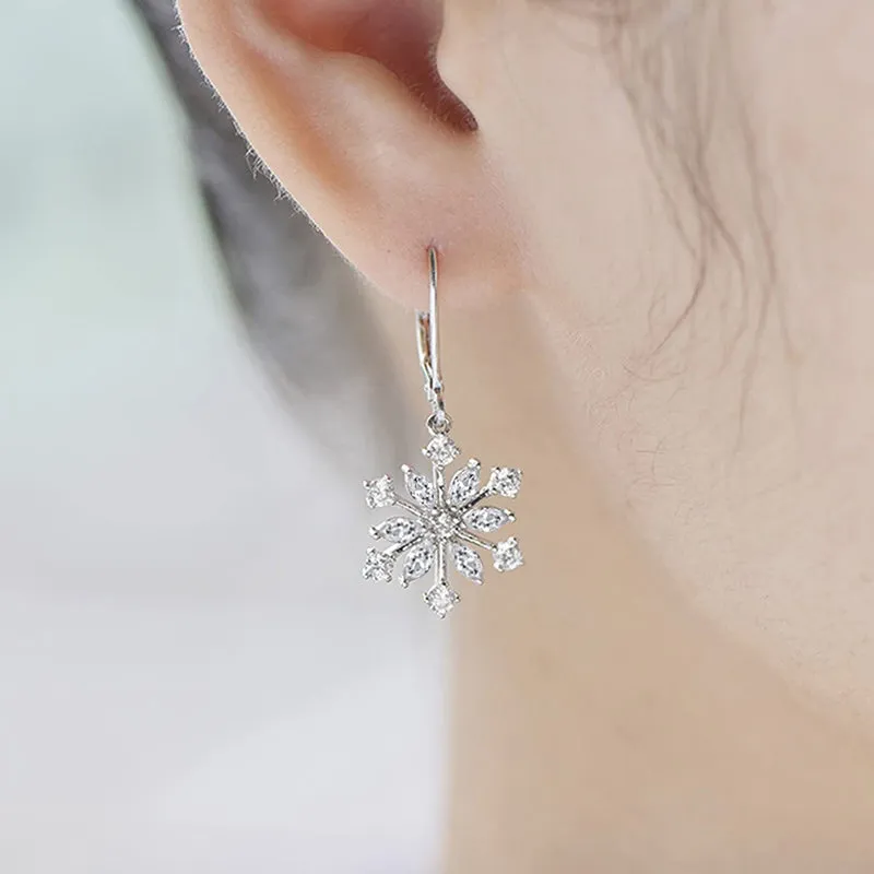 Sterling Silver CZ Snowflake Dangle Earrings