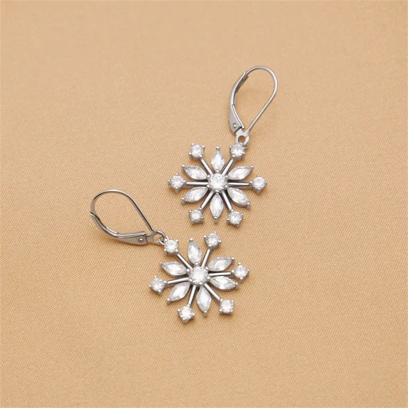 Sterling Silver CZ Snowflake Dangle Earrings