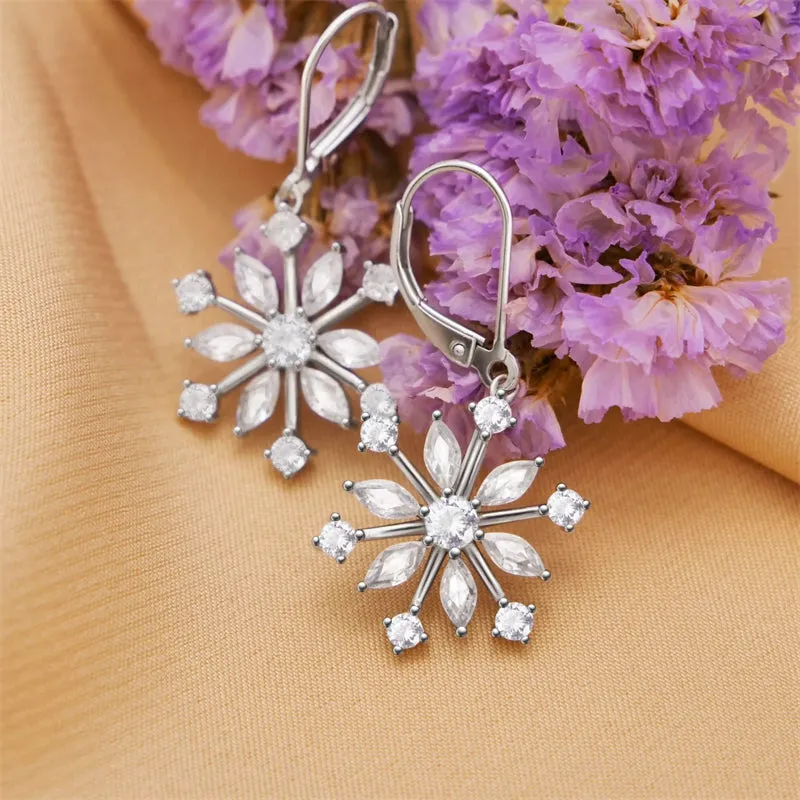 Sterling Silver CZ Snowflake Dangle Earrings