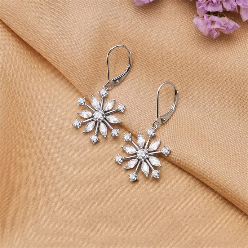 Sterling Silver CZ Snowflake Dangle Earrings