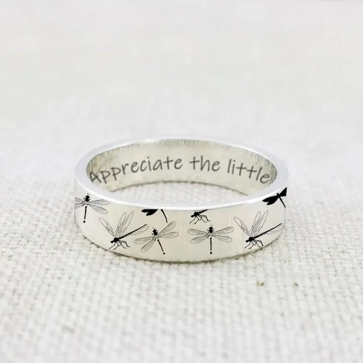 Sterling Silver Dragonfly Animal Ring With Engraved Appreciate The Little Things