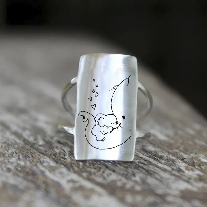 Sterling Silver Elephant Mother and Child Animal Ring