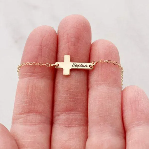 Sterling Silver Personalized Engraved Cross Bracelet