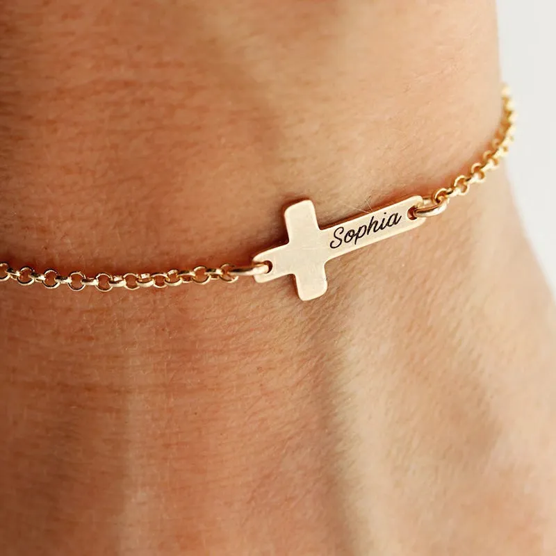 Sterling Silver Personalized Engraved Cross Bracelet