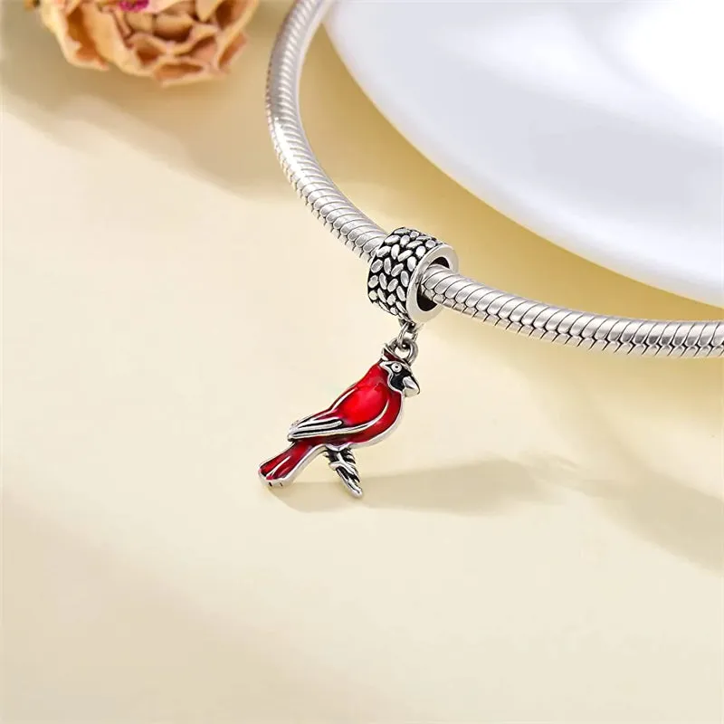 Sterling Silver Red Cardinal Bird Charm Beads