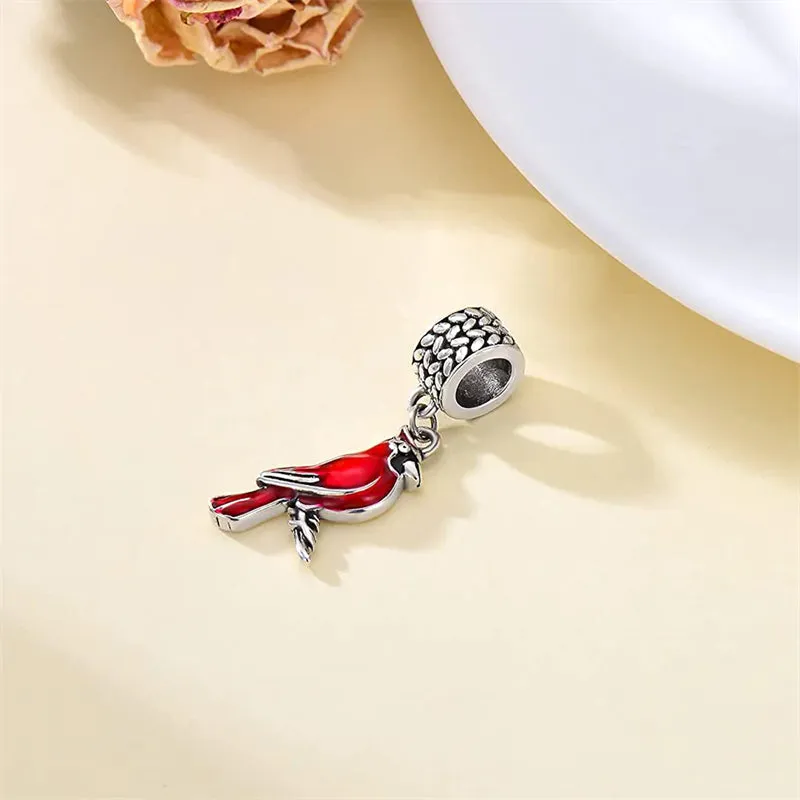 Sterling Silver Red Cardinal Bird Charm Beads