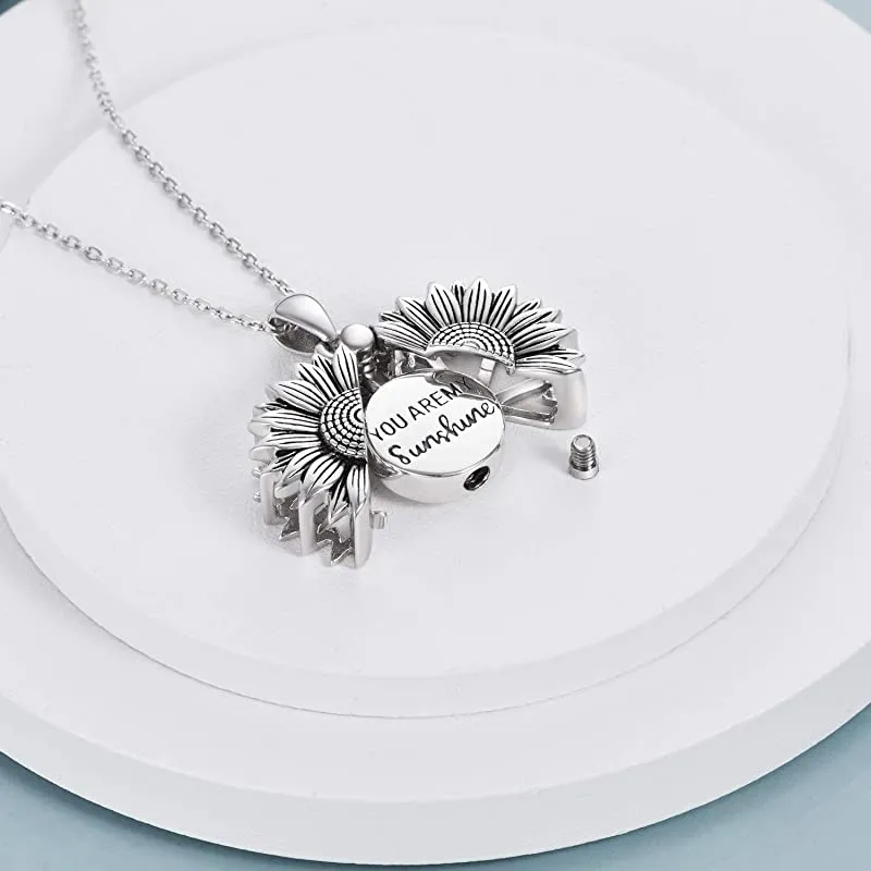 Sterling Silver Sunflower Urn Necklace for Ashes Engraved With ?You Are My Sunshine