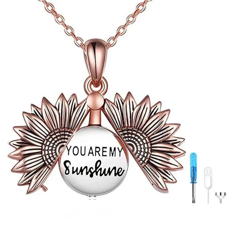 Sterling Silver Sunflower Urn Necklace for Ashes Engraved With ?You Are My Sunshine