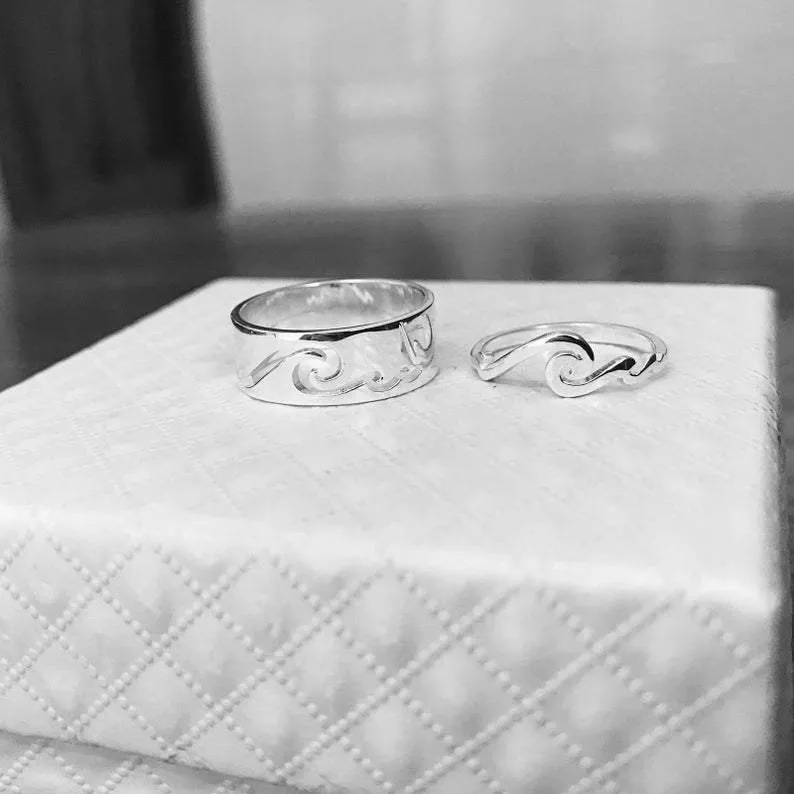 Sterling Silver Wave Promise Matching Couple Rings Set