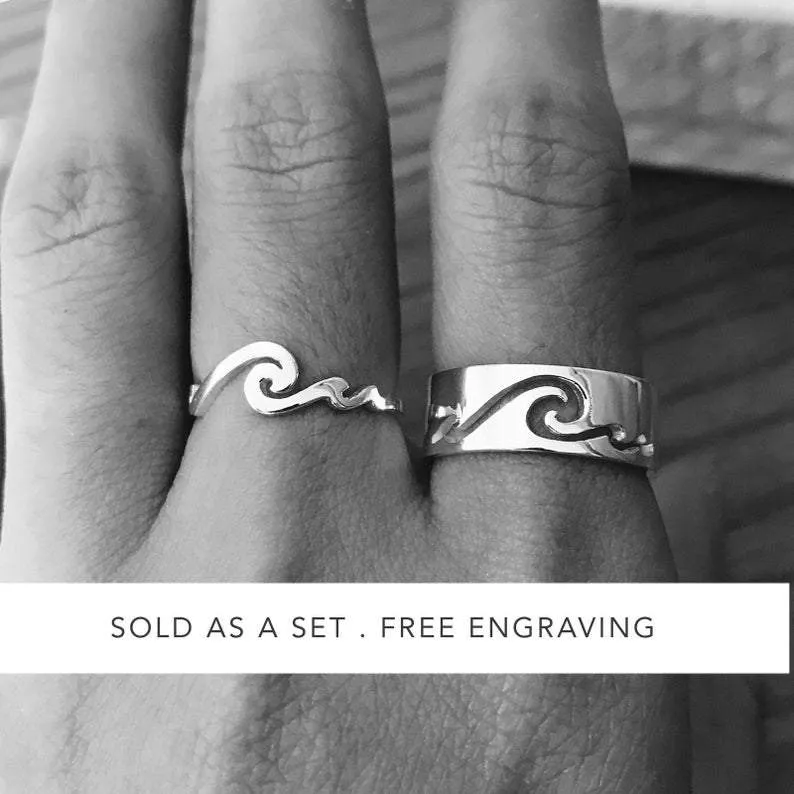 Sterling Silver Wave Promise Matching Couple Rings Set