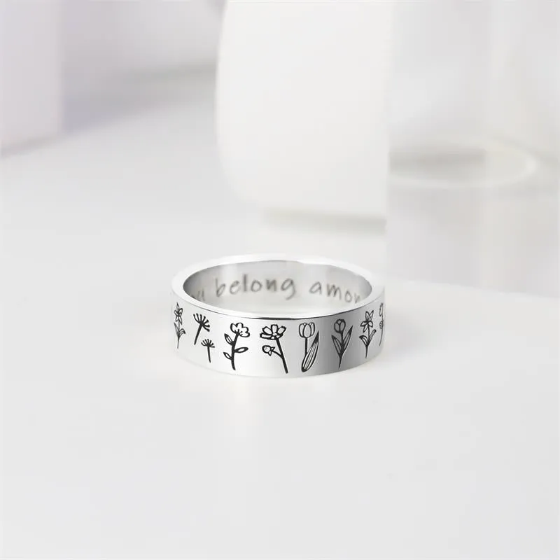 Sterling Silver Wildflowers Nature Ring Engraved with You belong among the wildflower