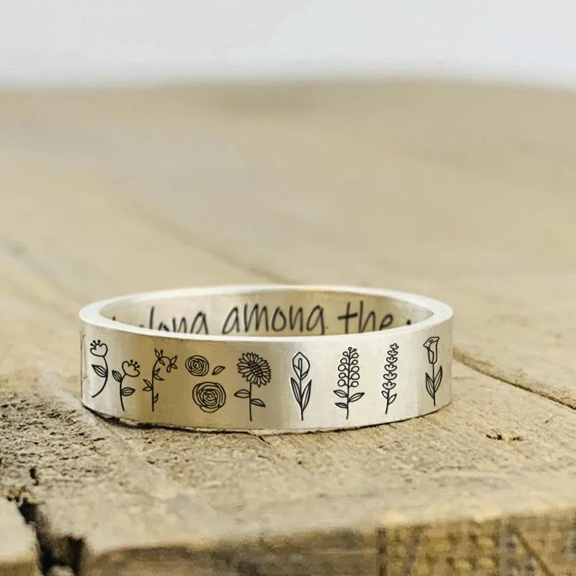 Sterling Silver Wildflowers Nature Ring Engraved with You belong among the wildflower