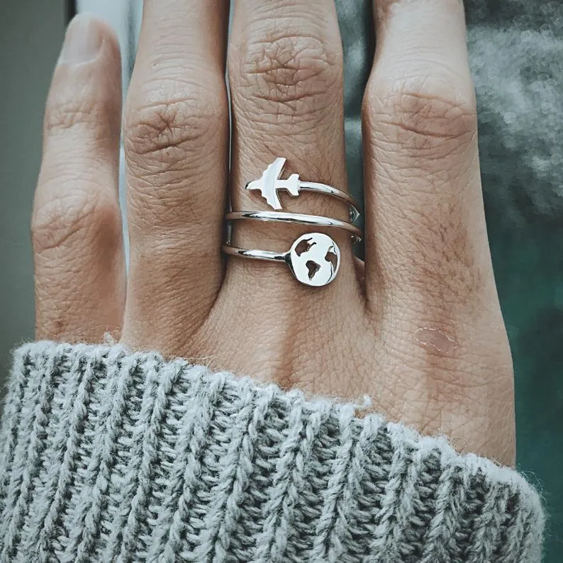 Sterling Silver World Map with Airplane Nature Ring