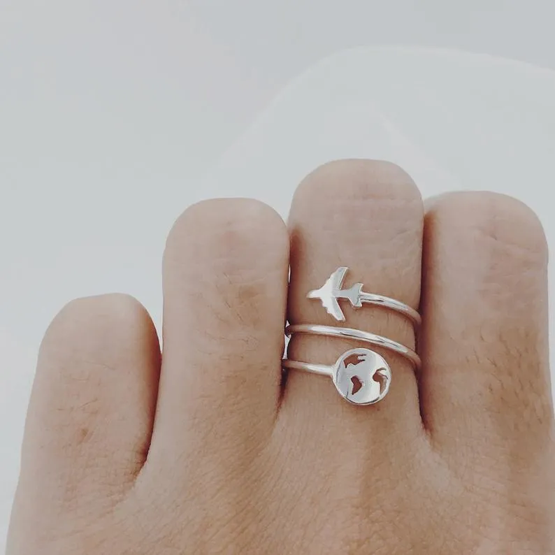 Sterling Silver World Map with Airplane Nature Ring