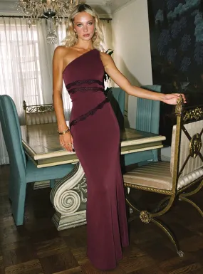 Ultraviolet One Shoulder Lace Maxi Dress Wine