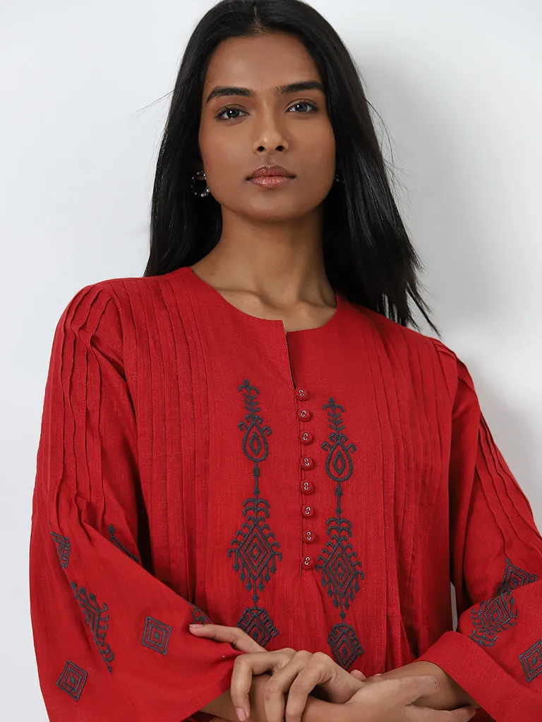 Utsa Red Embroidered A-Line Cotton Kurti