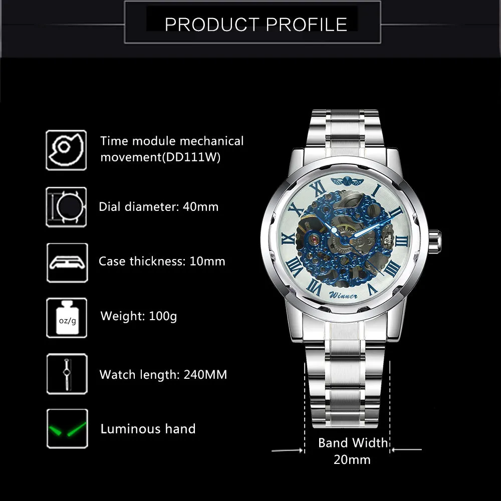 WINNER Men's Watch Hollow Hand-wind Mechanical Men's Watch High Quality Steel Band Watch