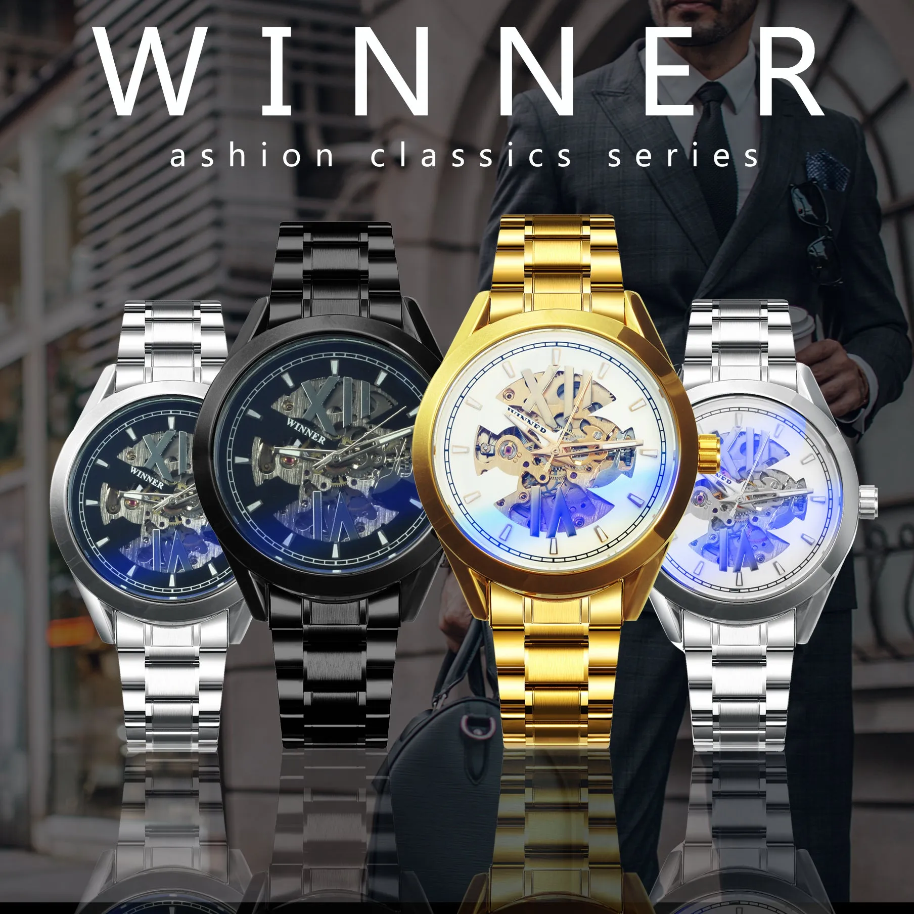 WINNER Official Fashion Automatic Watch Men Skeleton Mechanical Watches Classic Business Golden Clock Stainless Steel Strap NEW