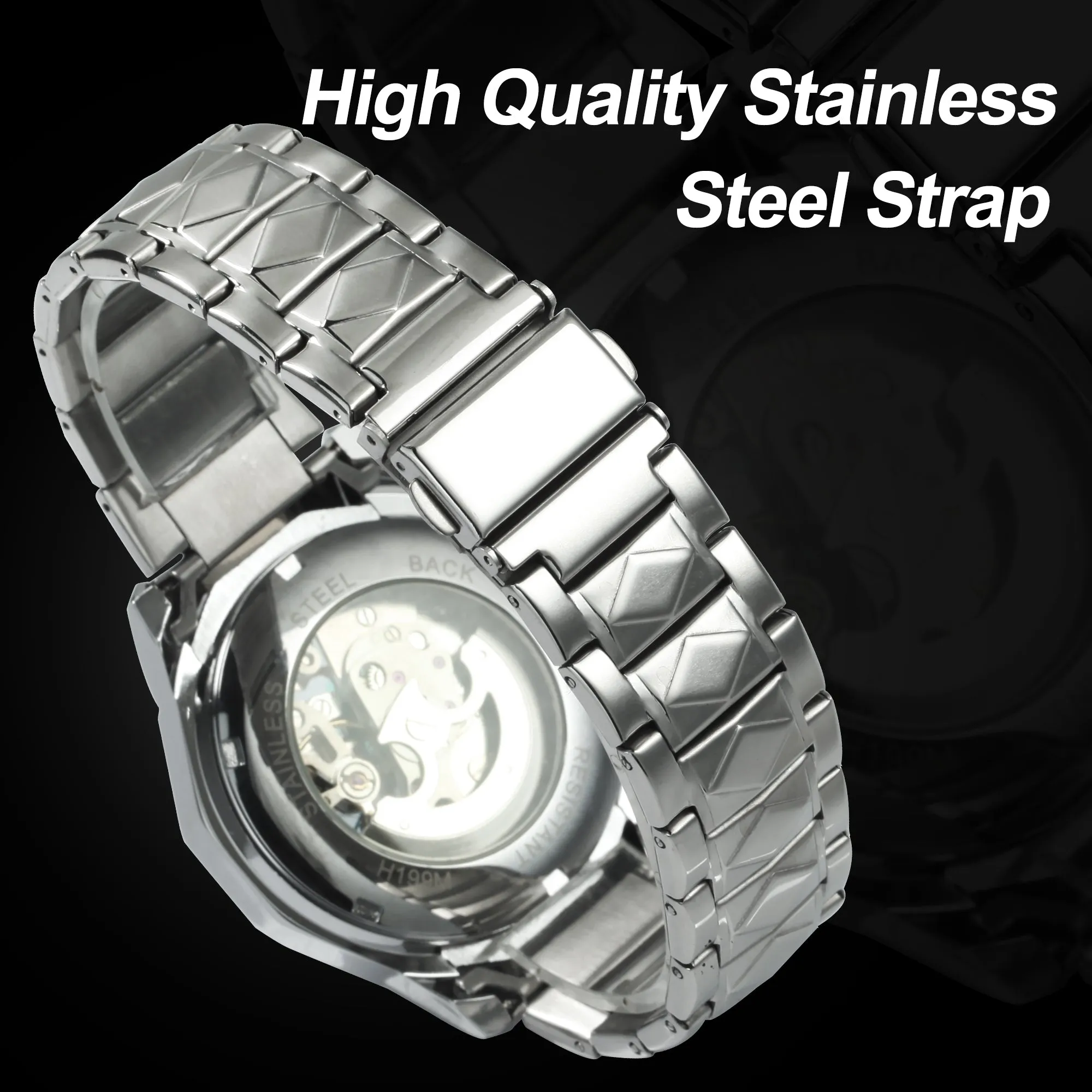 WINNER Silver Irregular Skeleton Business Automatic Mechanical Watch for Men Luxury Stainless Steel Strap Blue Luminous Hands Fashion Watches