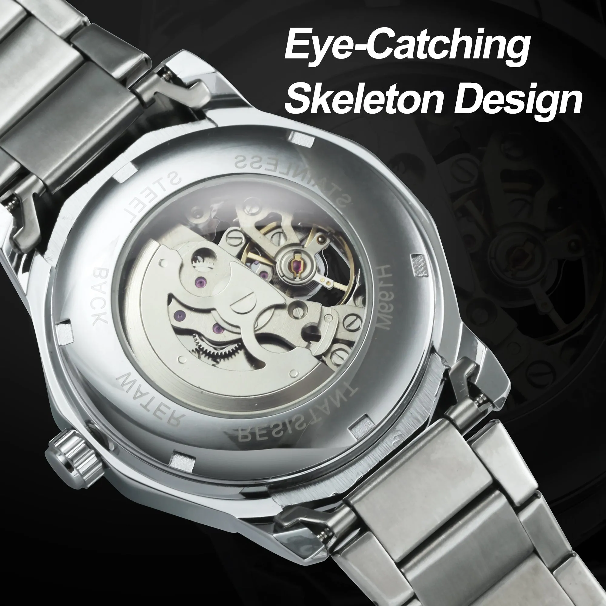 WINNER Silver Irregular Skeleton Business Automatic Mechanical Watch for Men Luxury Stainless Steel Strap Blue Luminous Hands Fashion Watches