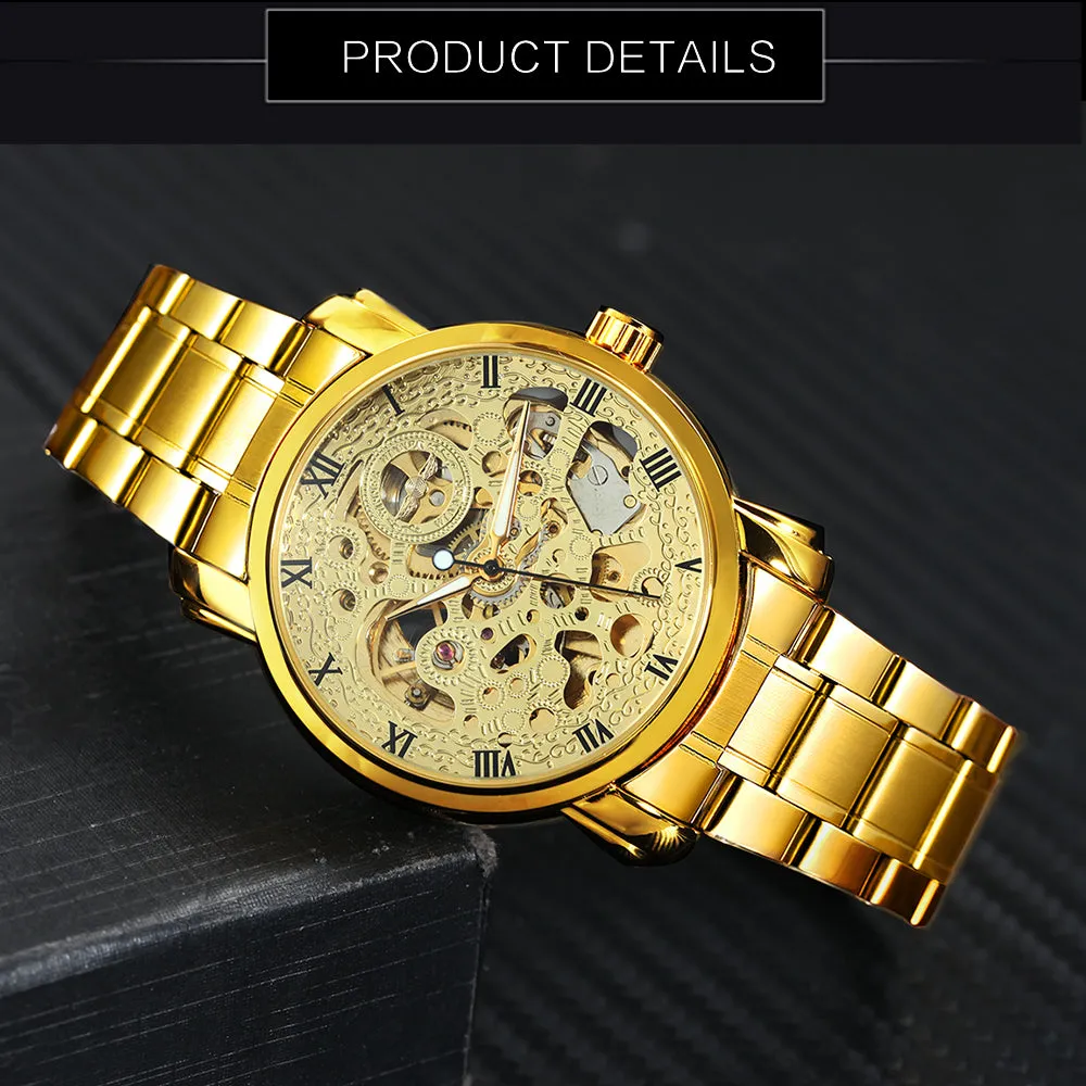 WINNER Top Brand Men's Classic Steel Belt Watch Hollow Automatic  Mechanical Watch