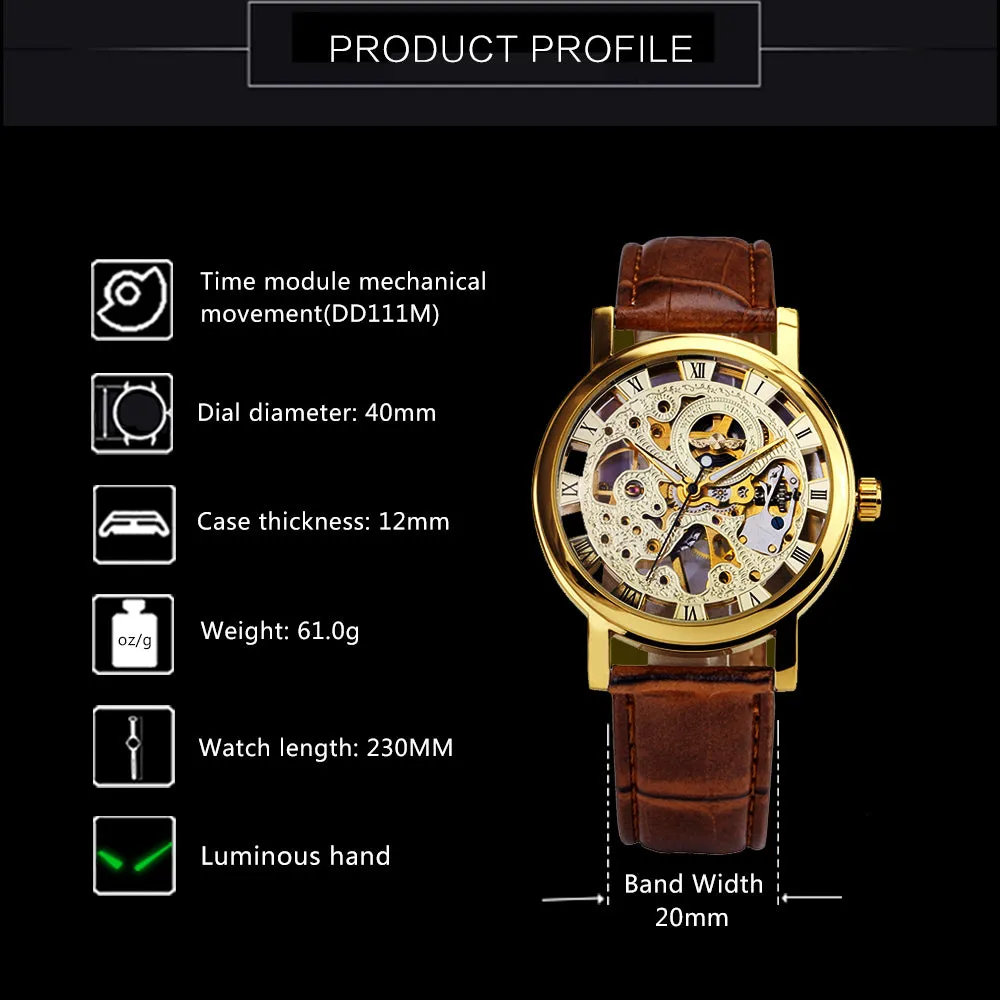 WINNER Watch Men's Hand-wind Mechanical Fashion Hollow Watch Luminous Leather Strap Watch