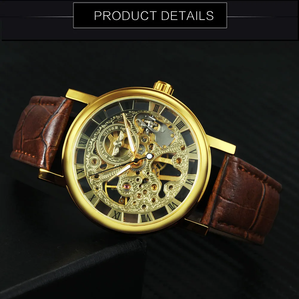 WINNER Watch Men's Hand-wind Mechanical Fashion Hollow Watch Luminous Leather Strap Watch