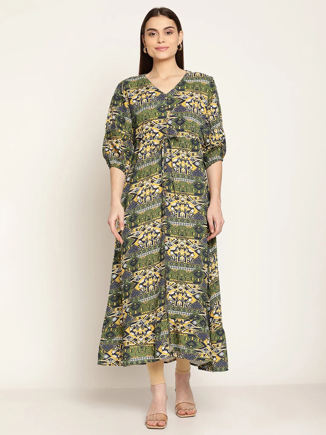 Women's Casual V neck Green Abstract Print Fit & Flared Dress