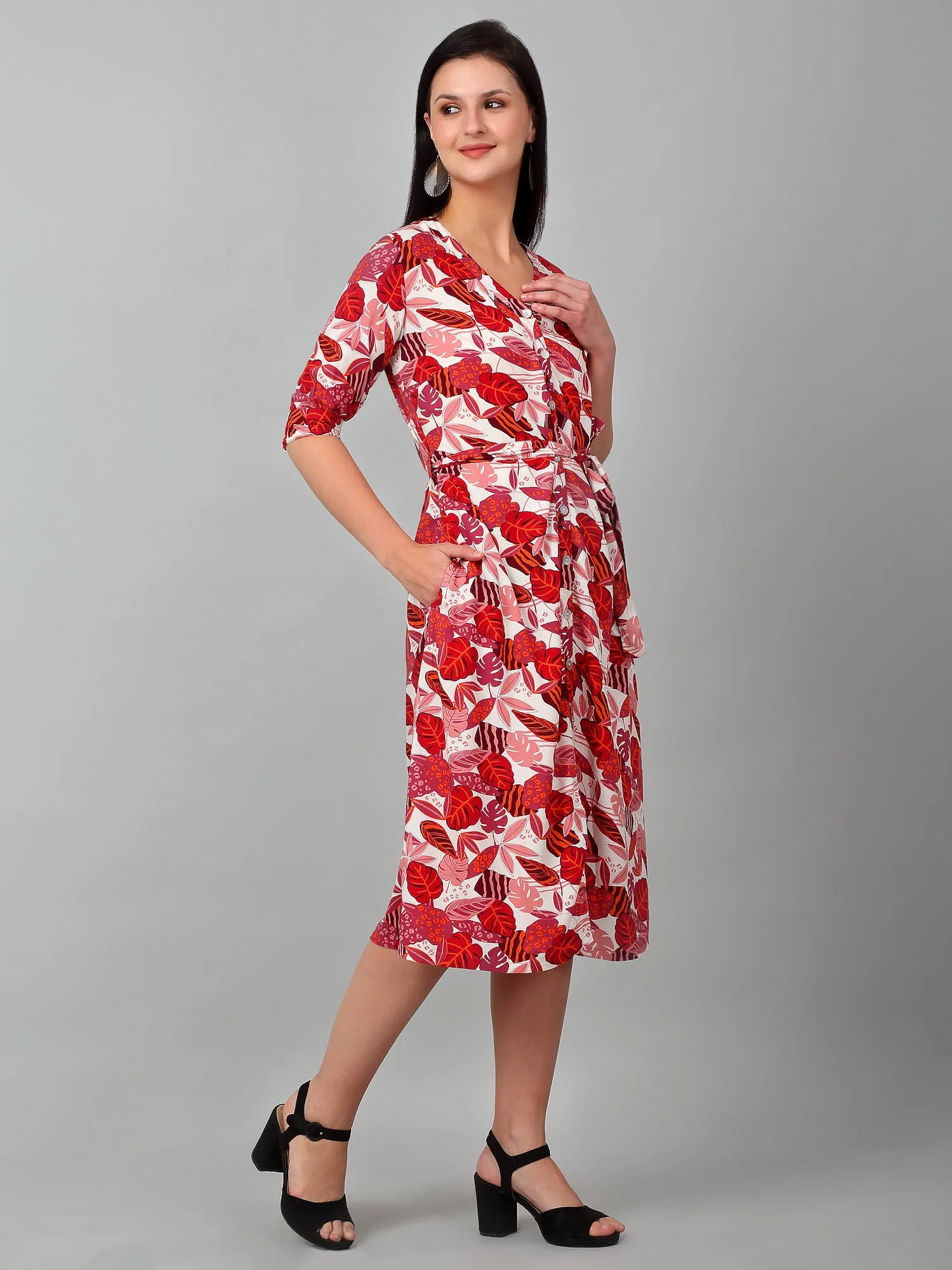 Women's Casual V neck Multi Color Floral Print Fit & Flared Dress