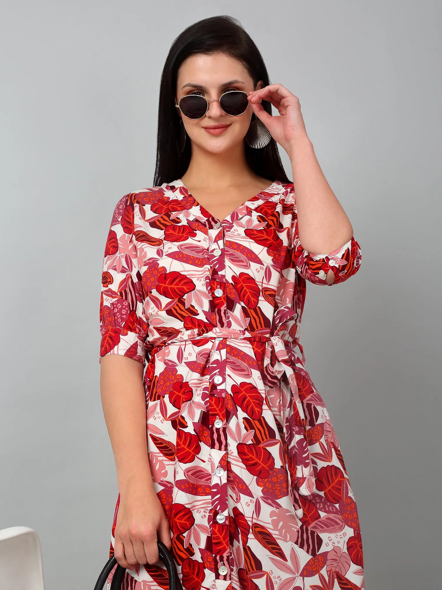 Women's Casual V neck Multi Color Floral Print Fit & Flared Dress