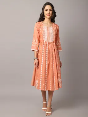 Women's  Round neck Peach Geometric Print Flared Dress