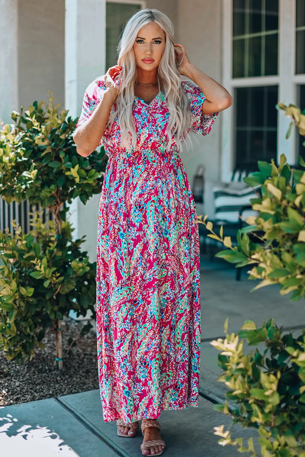 Wrap V Neck Floral Maxi Dress