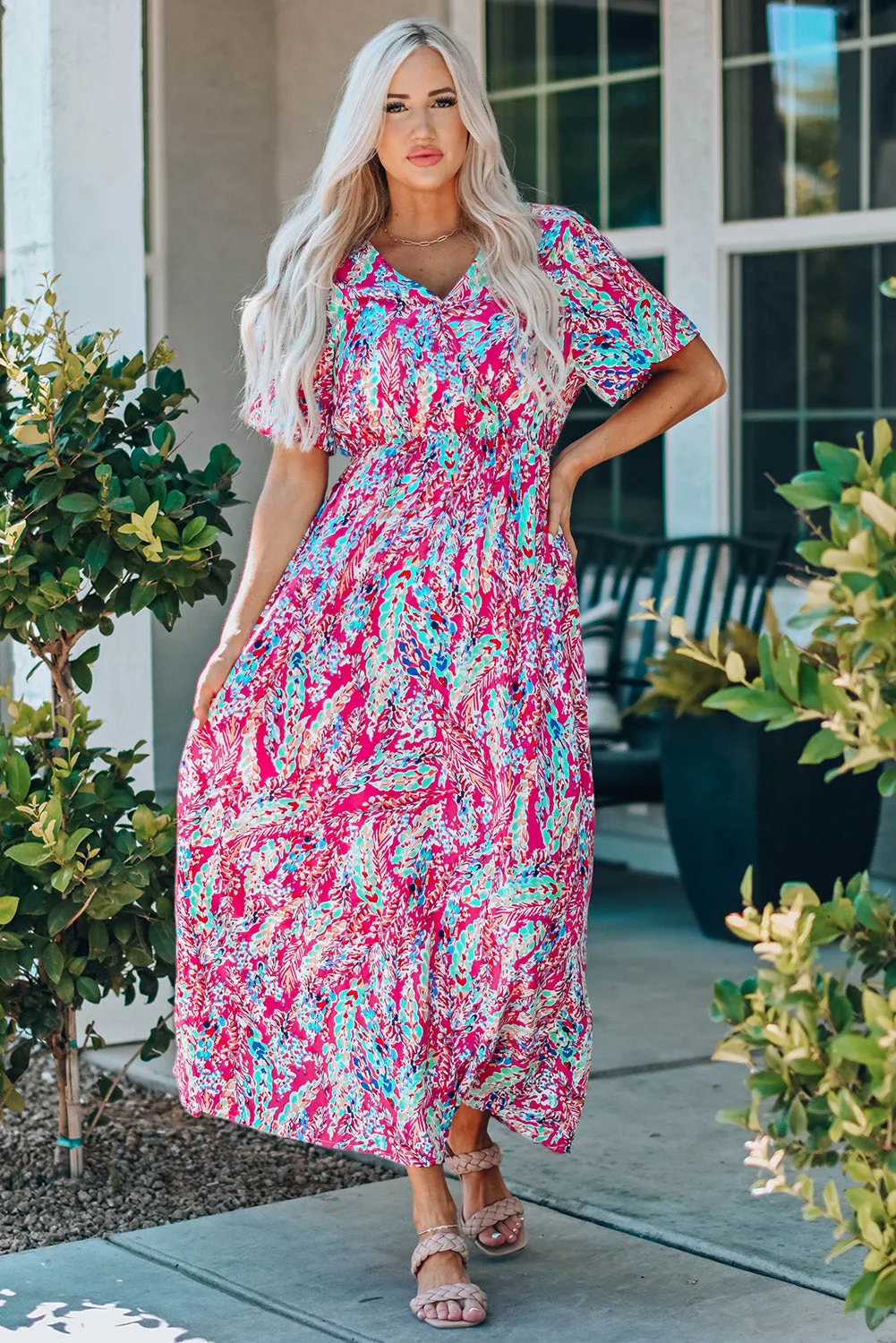 Wrap V Neck Floral Maxi Dress