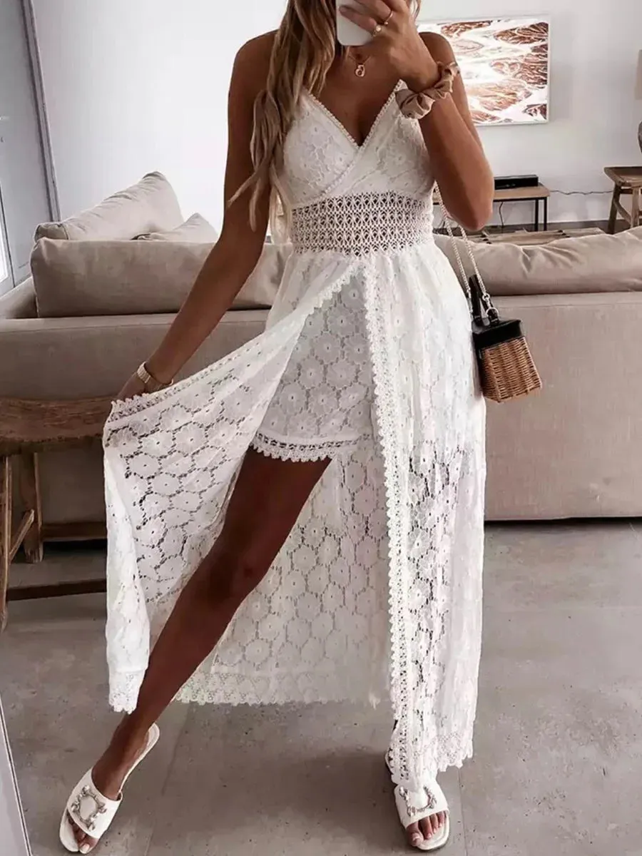 wsevypo Women Spaghetti Straps Long Beach Dress Boho Summer Sleeveless Hollow Out Floral Lace Playsuit Sundress Lady Outfit