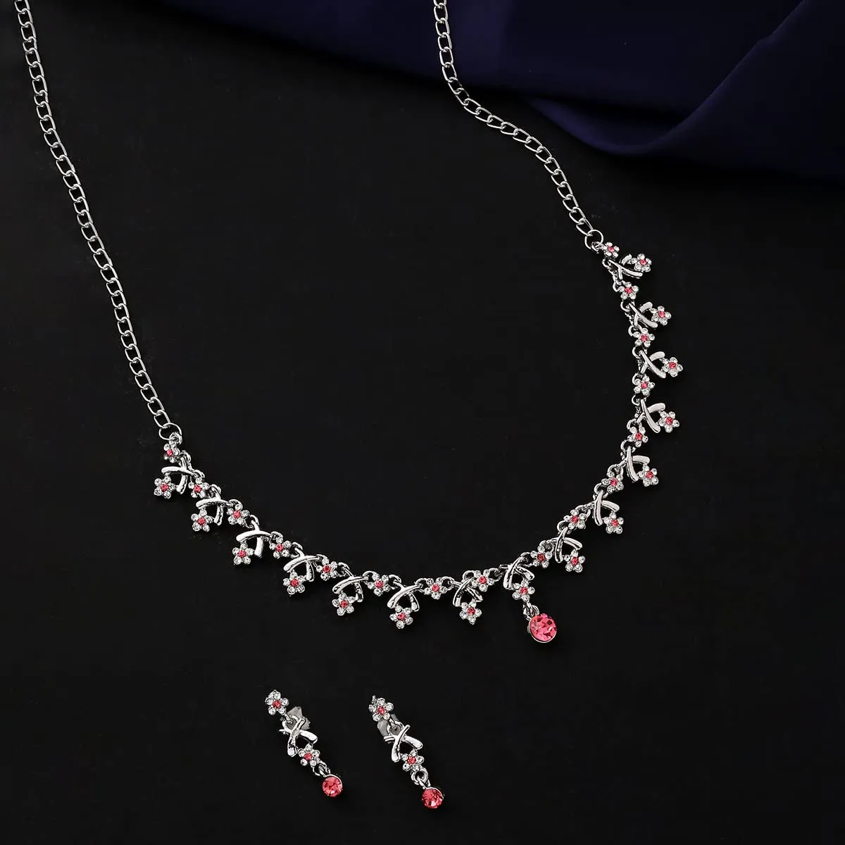 Yellow Chimes Jewellery Set for Women and Girls Crystal Jewellery Set for Women| Silver Tone White and Pink Crystal Choker Necklace Set | Birthday Gift for girls and women Anniversary Gift for Wife